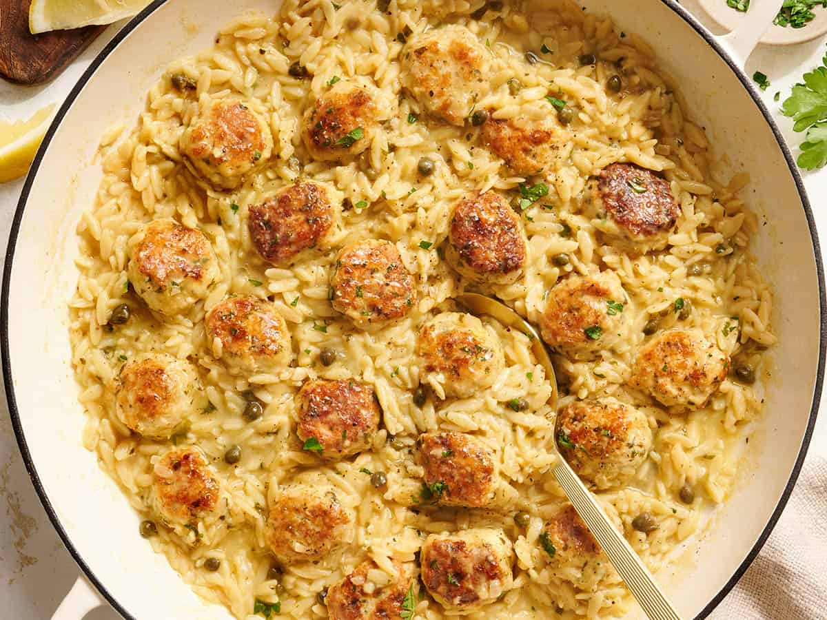 Chicken Piccata Meatballs and Orzo Skillet