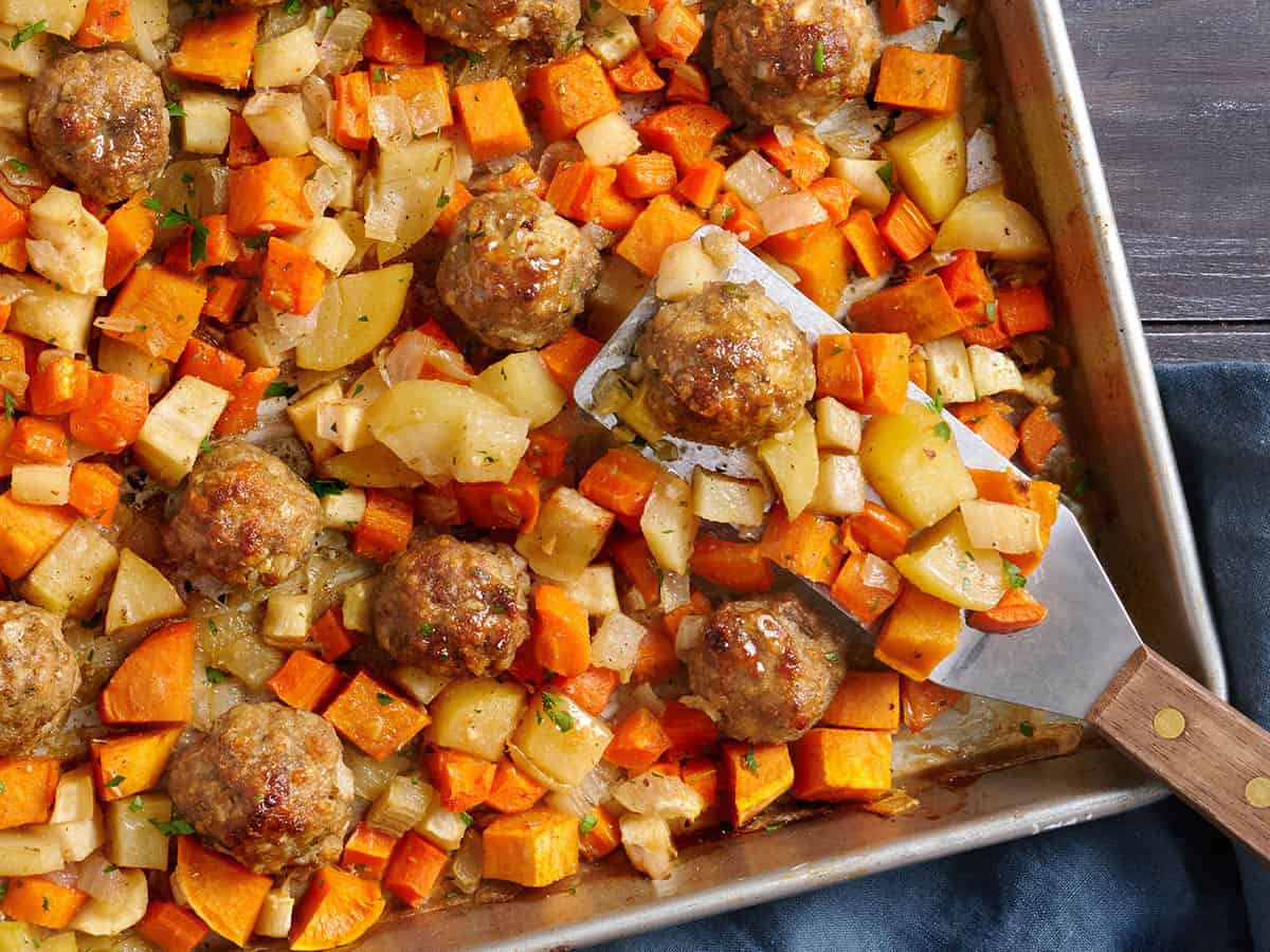 Sheet Pan Turkey Meatballs with Root Vegetables